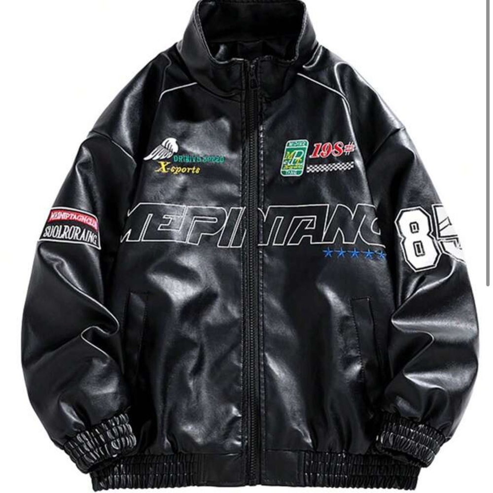 SHEIN Black Leather Jacket with Graphic Details